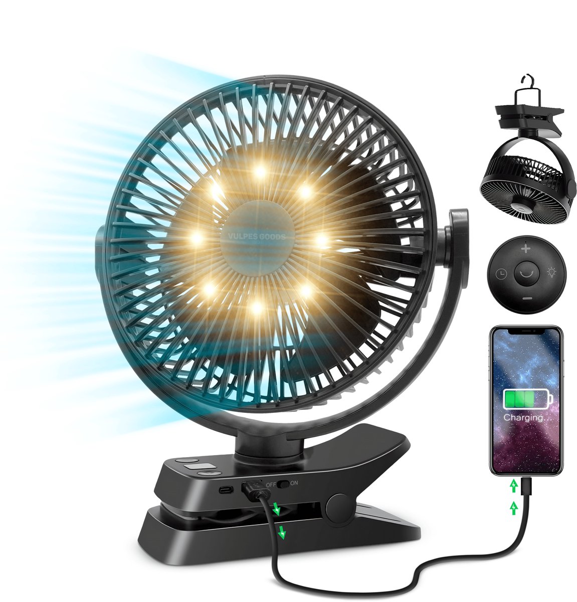 Vulpes Goods® Tech - Tafelventilator MAX - Ventilator - Oplaadbaar & Draadloos - Stille USB Ventilator met Afstandsbediening - 5 Snelheden & Verlichting - Ultra Stil - 12000 mAh & Powerbankfunctie - Zwart