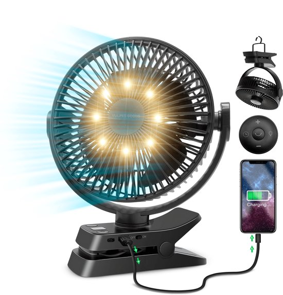 Vulpes Goods® Tech - Tafelventilator MAX - Ventilator - Oplaadbaar & Draadloos - Stille USB Ventilator met Afstandsbediening - 5 Snelheden & Verlichting - Ultra Stil - 12000 mAh & Powerbankfunctie - Zwart