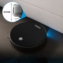 Zwarte robotstofzuiger met logo, laag profiel van 8,5 cm voor onder meubels, met blauwe laserdetectie.