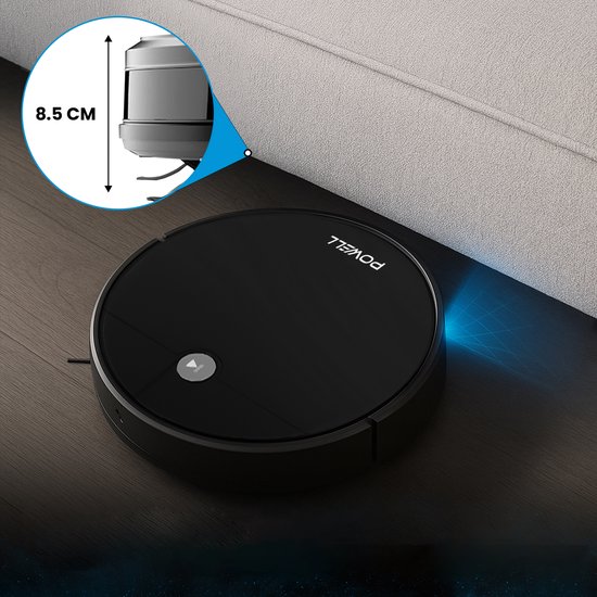 Zwarte robotstofzuiger met logo, laag profiel van 8,5 cm voor onder meubels, met blauwe laserdetectie.