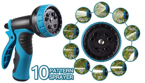 Zwarte sproeikop met blauwe accenten die 10 sproeipatronen toont.