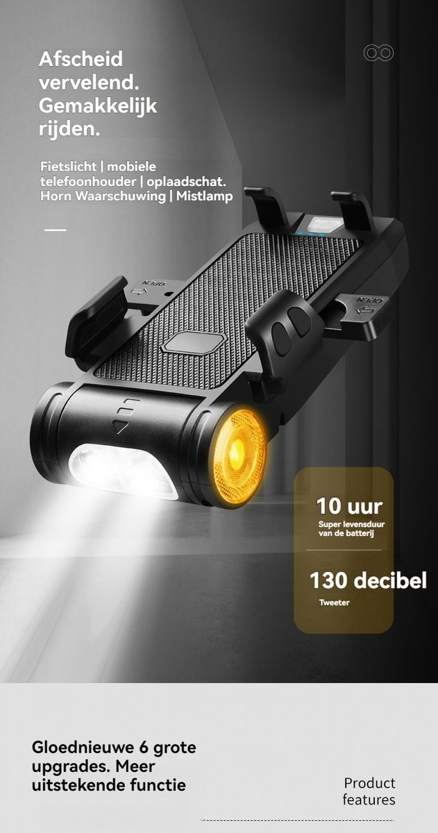 OnmiMart 5in1 Telefoonhouder Fiets + Fietslamp USB Oplaadbaar -3500 mAh grote batterij + dubbele T6 LED + 130 dB luidspreker + draadloos opladen + IPX6 waterdicht--MTB & Racefiets Verlichting — afbeelding 5