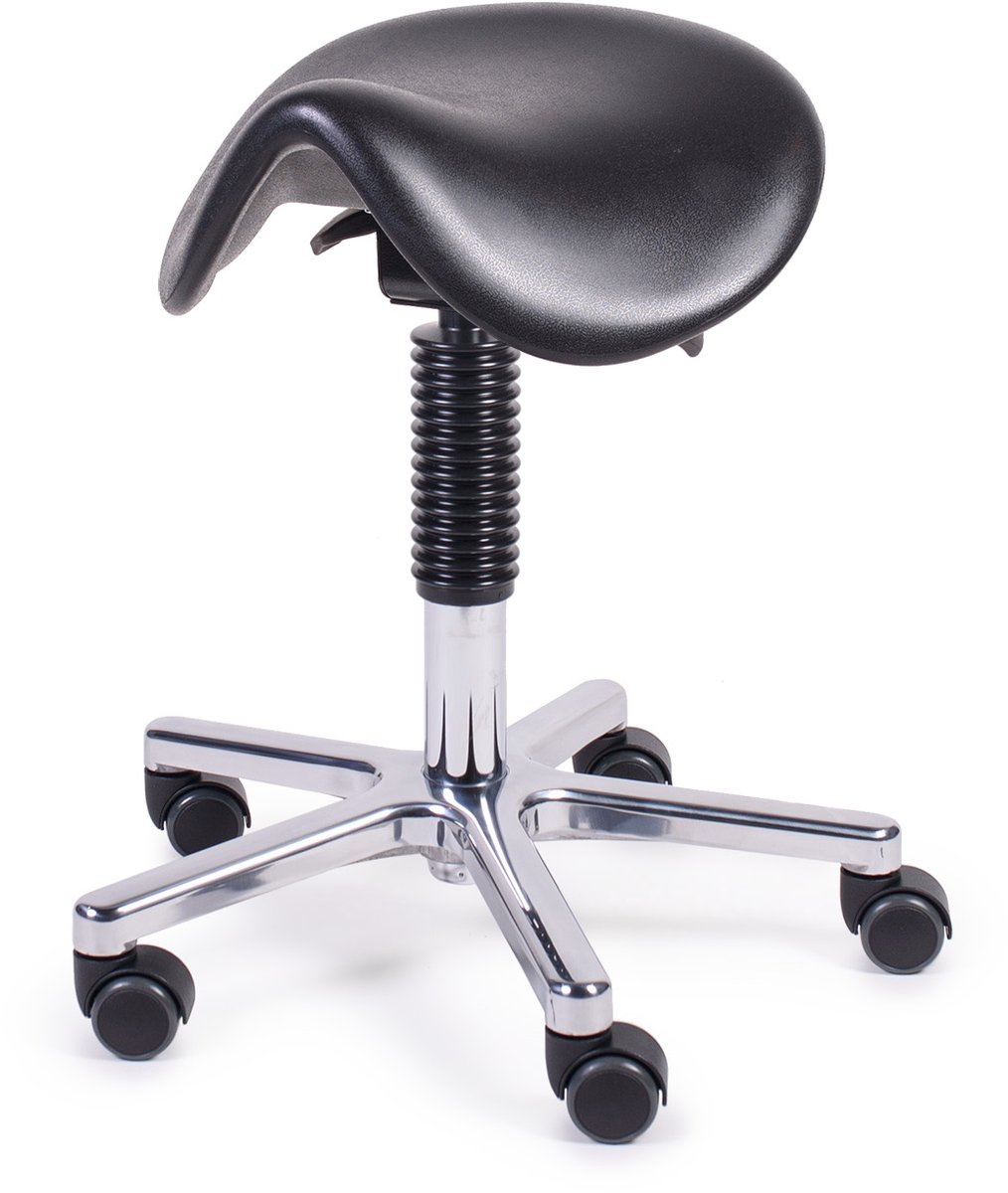 MTM zadelkruk HERTHA 160-A - zwarte ergonomische pur zitting - alu kruisvoet - wielen - 45/61 cm
