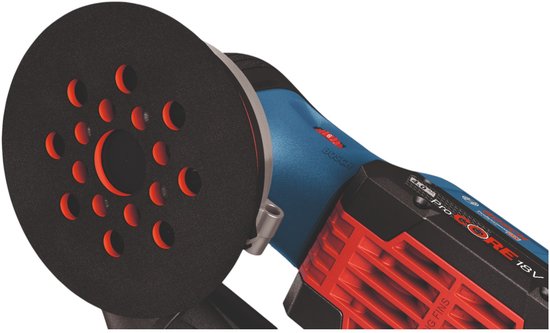 Bosch excenterschuurmachine met blauw en zwart handvat en rode ProCORE 18V batterij.