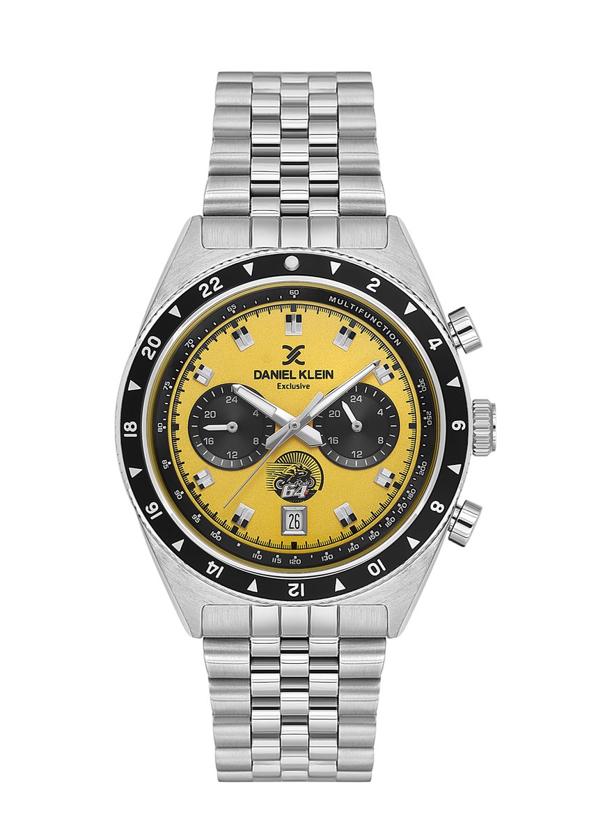 Daniel Klein DK.1.13994-5 - Horloge - Polshorloge - Analoog - Mannen - Heren - Stalen band - Rond - Metaal - Streepjes - Driehoeken - Datumaanduiding - Kalender - Dual Time - Reset - Zilverkleurig - Geel - Zwart - Wit
