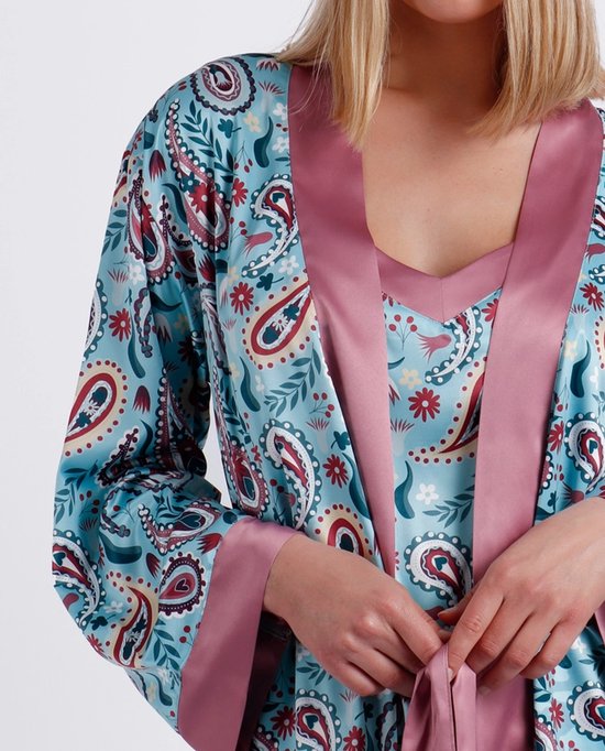 Dames Kamerjas Satijn Aqua Paisley Ochtendjas Maat L
