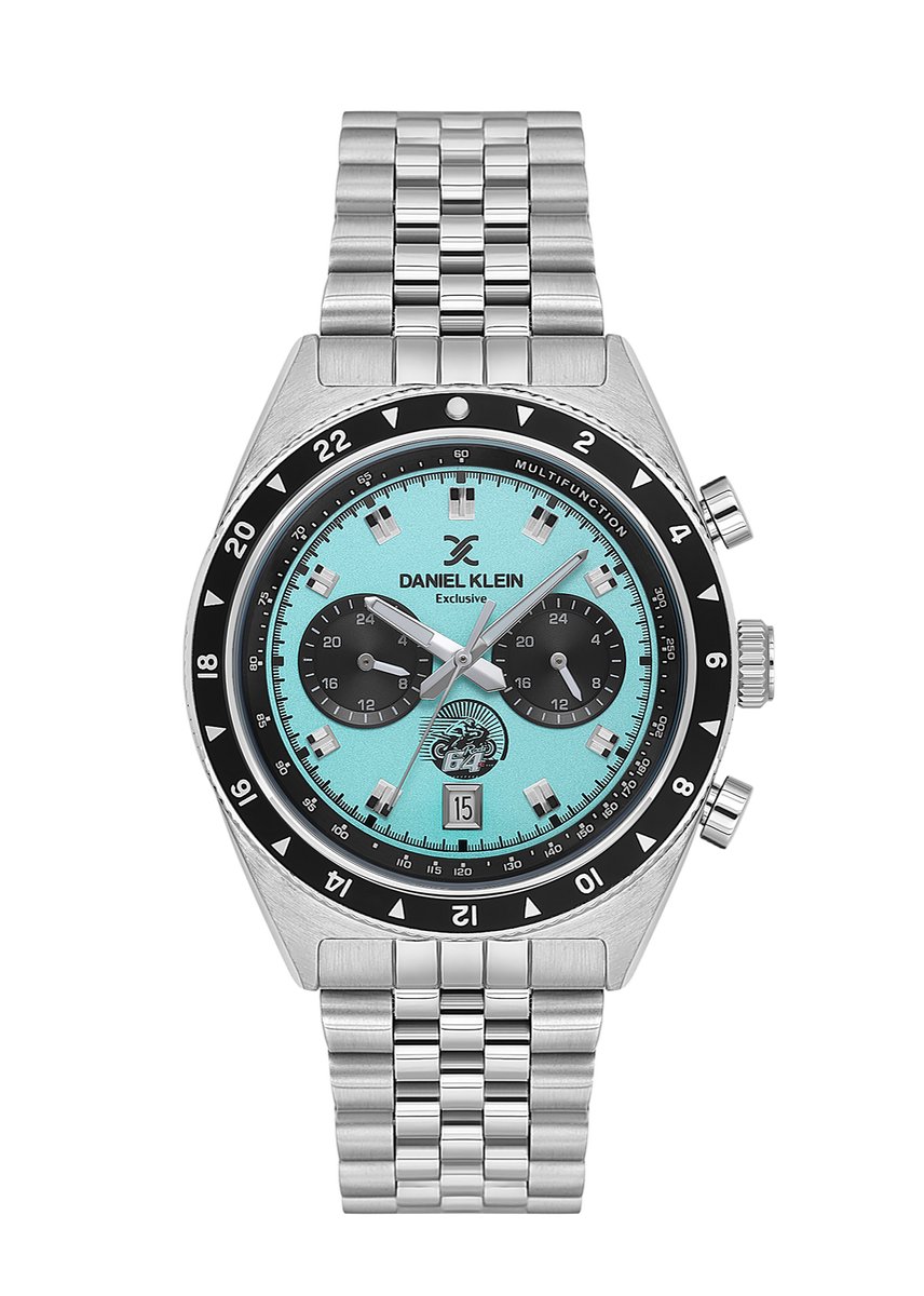 Daniel Klein DK.1.13994-6 - Horloge - Polshorloge - Analoog - Mannen - Heren - Stalen band - Rond - Metaal - Streepjes - Driehoeken - Datumaanduiding - Kalender - Dual Time - Reset - Zilverkleurig - Turkooisgroen - Zwart - Wit