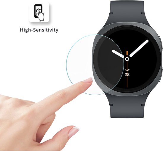 Een vinger raakt een horlogescherm aan, met "High-Sensitivity" glas.