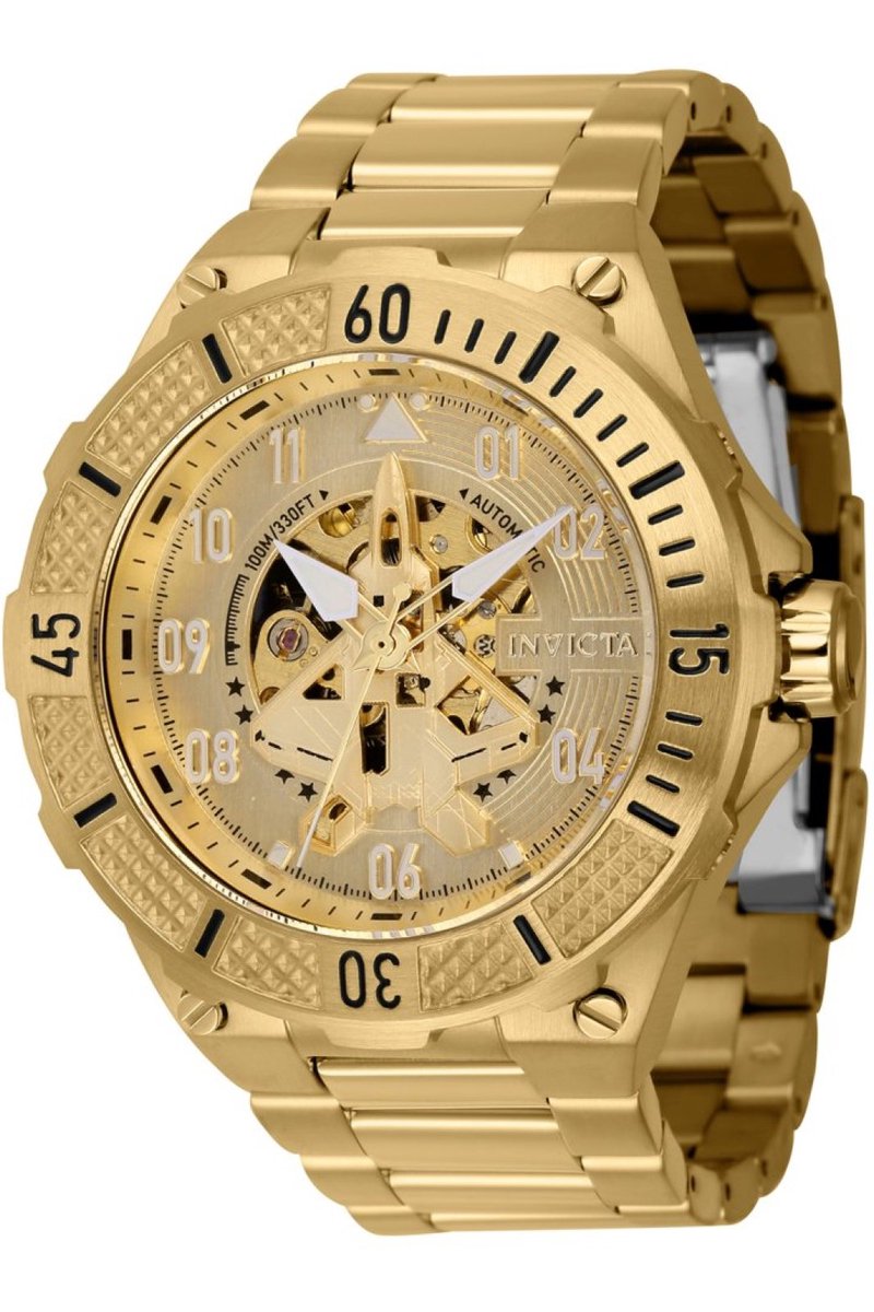 Invicta Aviator 39914 Heren Horloge - Waterdicht - Analoog - Automatisch Uurwerk - Roestvrij Staal met gouden Wijzerplaat - 50mm