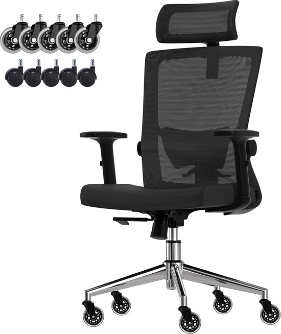 LifeGoods Ergonomische Bureaustoel - met Extra Anti-Kras Wielen - Office Chair - NEN- en SGS-gecertificeerd - Volwassenen - Hoofdsteun - Zwart/Chroom