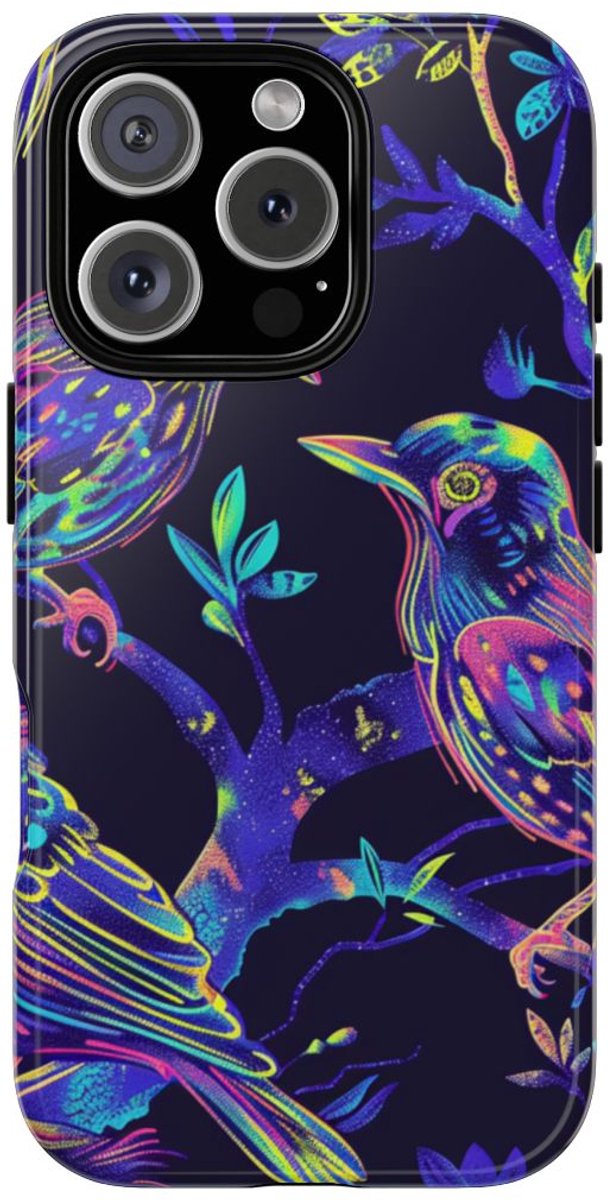 Neonkleurige Vogels op Takken – Telefoonhoesje Geschikt voor iPhone 16 Pro