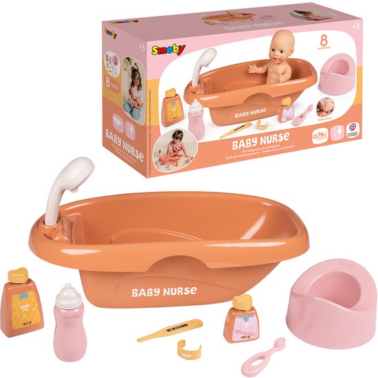 Smoby Baby Nurse badset. Oranje badje met pop, roze potje, flesjes, thermometer, borstel.
