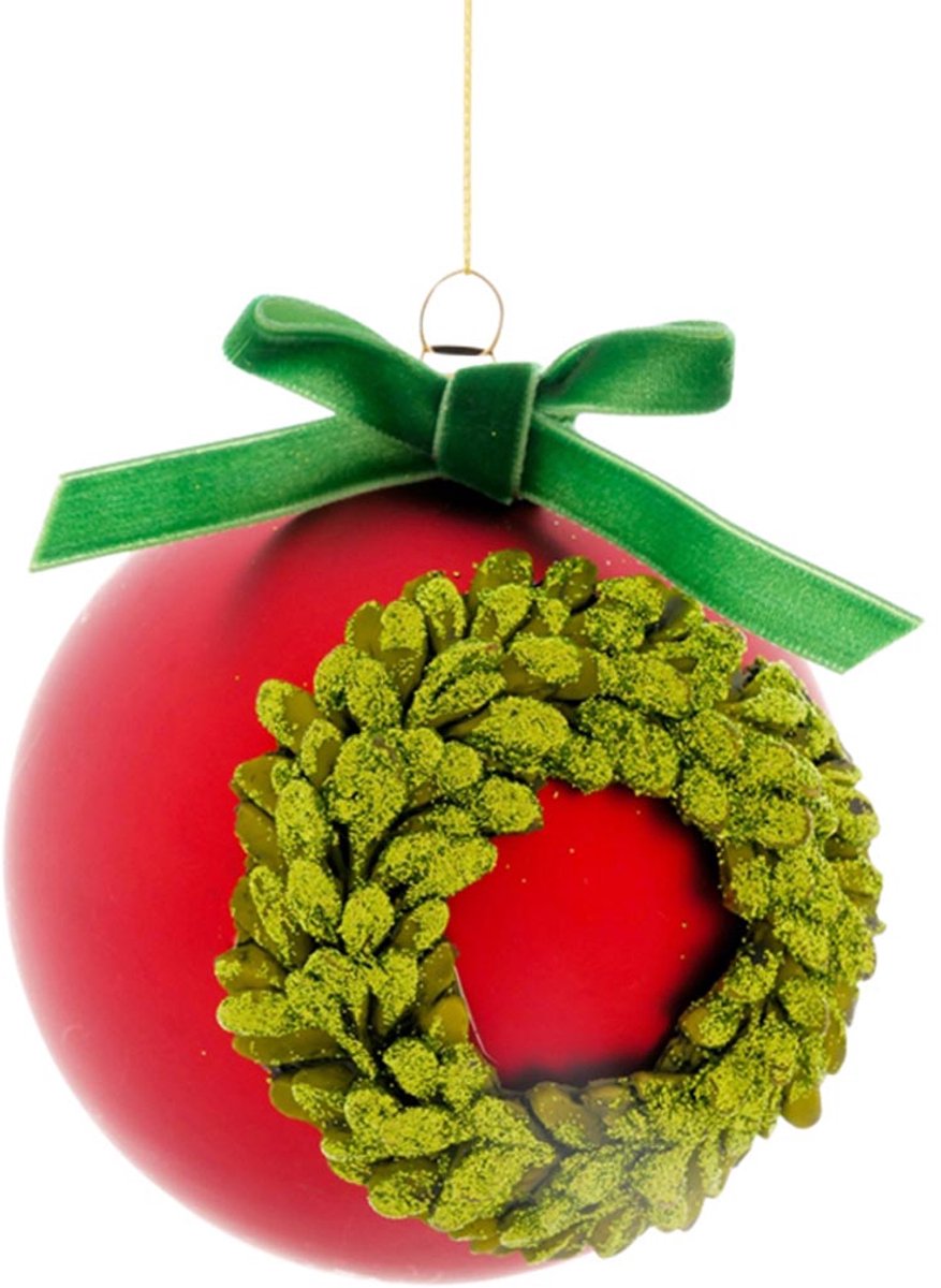 Dekoratief | Hanger bal m/krans, rood/groen, glas, 8x8x8cm | A259010