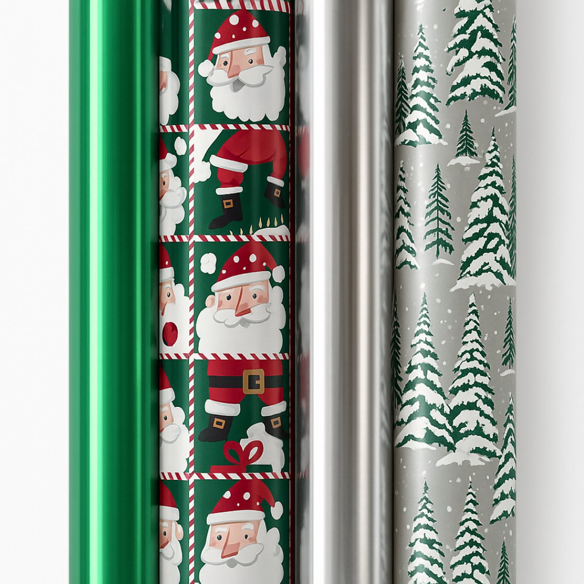 Cadeaupapier - Nordic Christmas - (4 STUKS) – 200×70 cm – Groen Metallic, Zilver, Kerstbomen & Santa Print - Inpakpapier - Luxe - Winter - Scandinavisch Cadeaupapier