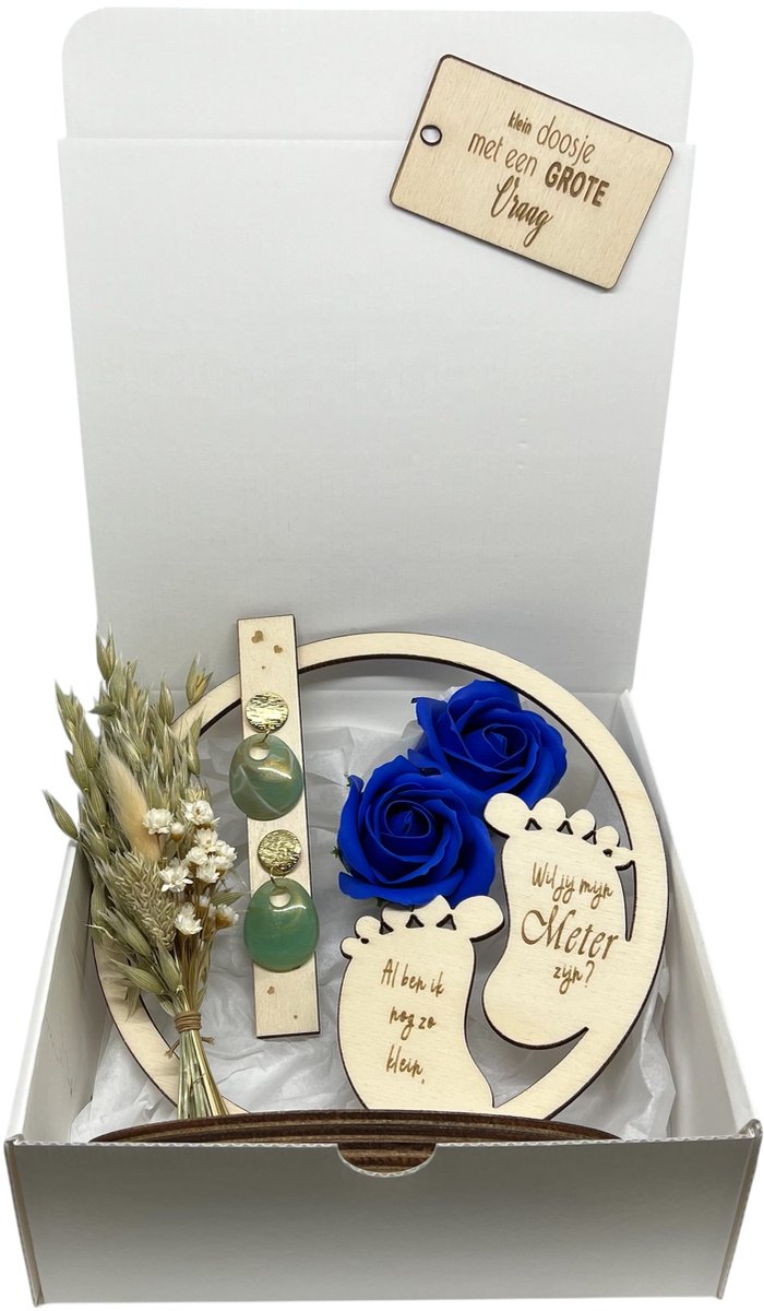 Geschenkbox Wil jij mijn METER zijn? | BLAUW| zeeproosjes | droogbloemen | oorbellen | BOHEMIAN | meter vragen | meter worden | peettante vragen | peettante worden | cadeau | doosje met een vraag
