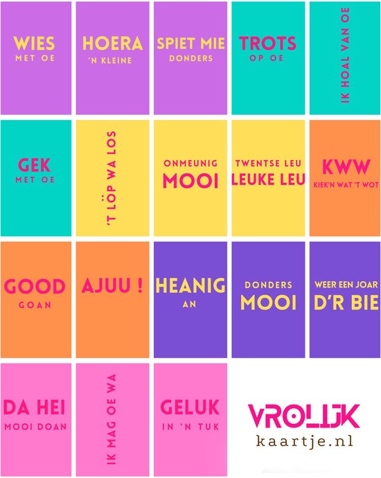 Vrolijke kleurrijke kaarten set met Twentse Spreuken. Set van 18 kaarten.