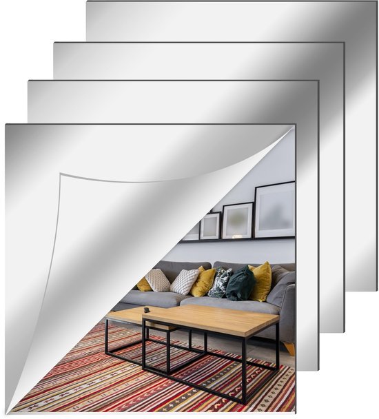 4 stuks zelfklevende spiegels, 15 x 15 cm, acrylspiegel voor school, flexibele spiegelbladen, spiegelstickers voor muur, school, thuis, woonkamer, badkamer, slaapkamer, decoratie