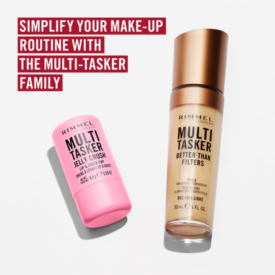Rimmel Multi Tasker Jelly Crush lip- en cheek tint (felroze) en Rimmel Multi Tasker Better Than Filters (goudkleurig). Tekst: 'SIMPLIFY YOUR MAKE-UP ROUTINE WITH THE MULTI-TASKER FAMILY.'