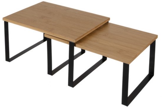 Twee Ruhhy aanrecht rekjes in elkaar geschoven. Gemaakt van bamboehout met zwart metalen frame.