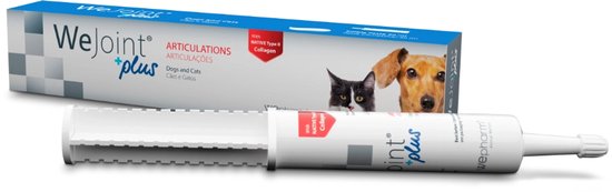 Verpakking en spuit met WeJoint+plus, ondersteuning voor gewrichten voor honden en katten, met natief collageen.