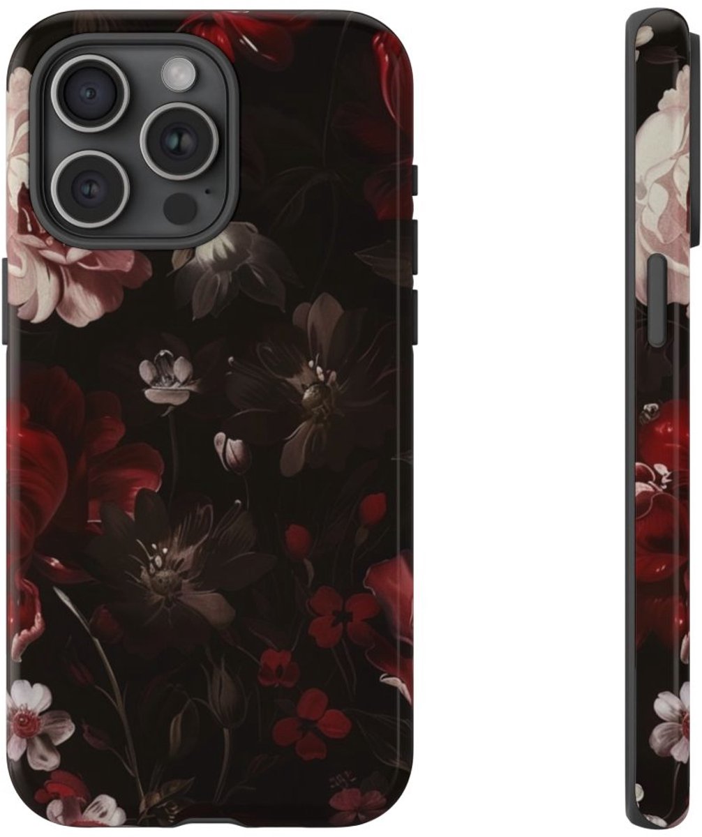Donker Bloemmotief met Glans – Telefoonhoesje Geschikt voor iPhone 15 Pro Max