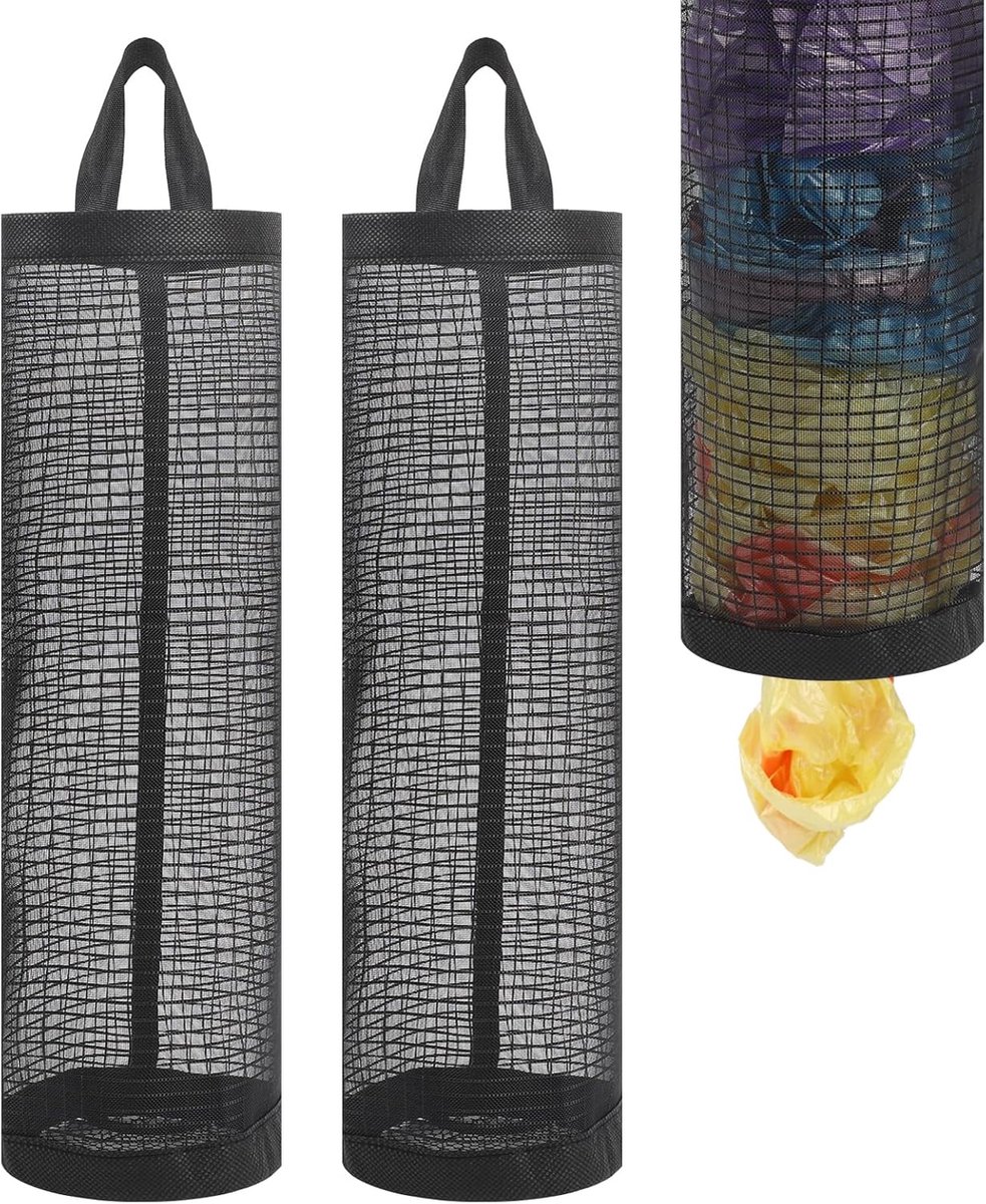 Hangende tassen - 2-pack - Mesh hangende plastic tas houder - Boodschappentas / vuilniszak organizer - Zwart