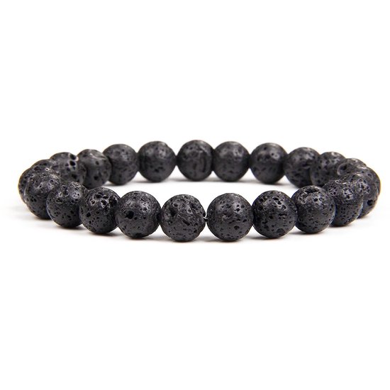 Zwarte lavasteen armband met 8mm gepolijste kralen, op een witte achtergrond.