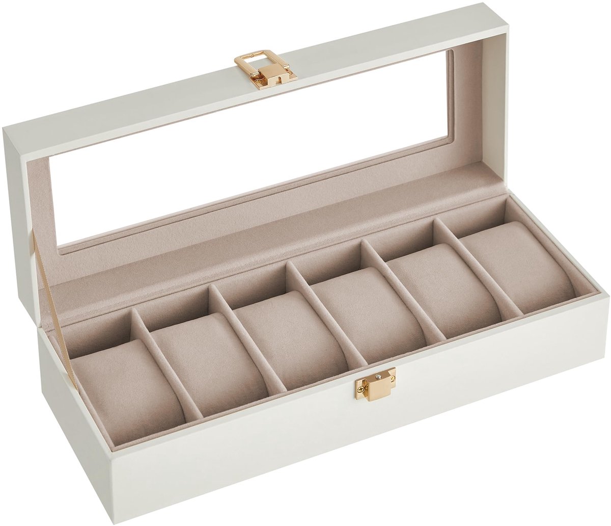 SONGMICS Horlogebox met 6 compartimenten, horlogebox, kast, glazen deksel, uitneembare kussens, metalen slot, wolkenwitte coating en cappuccino beige voering, JWB006W01