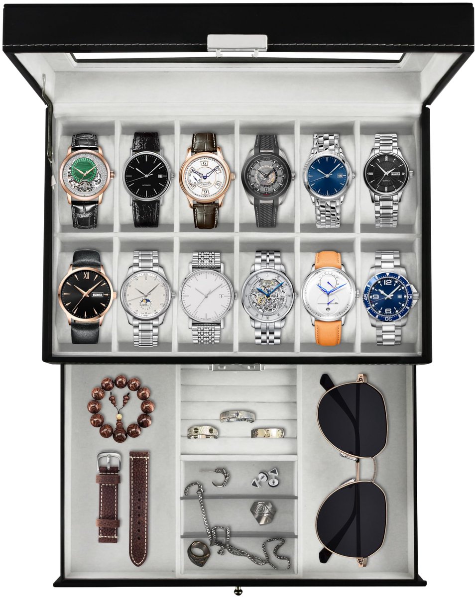 Alybrol Horloge Opbergdozen met 12 Compartimenten, PU Leer, Afsluitbaar