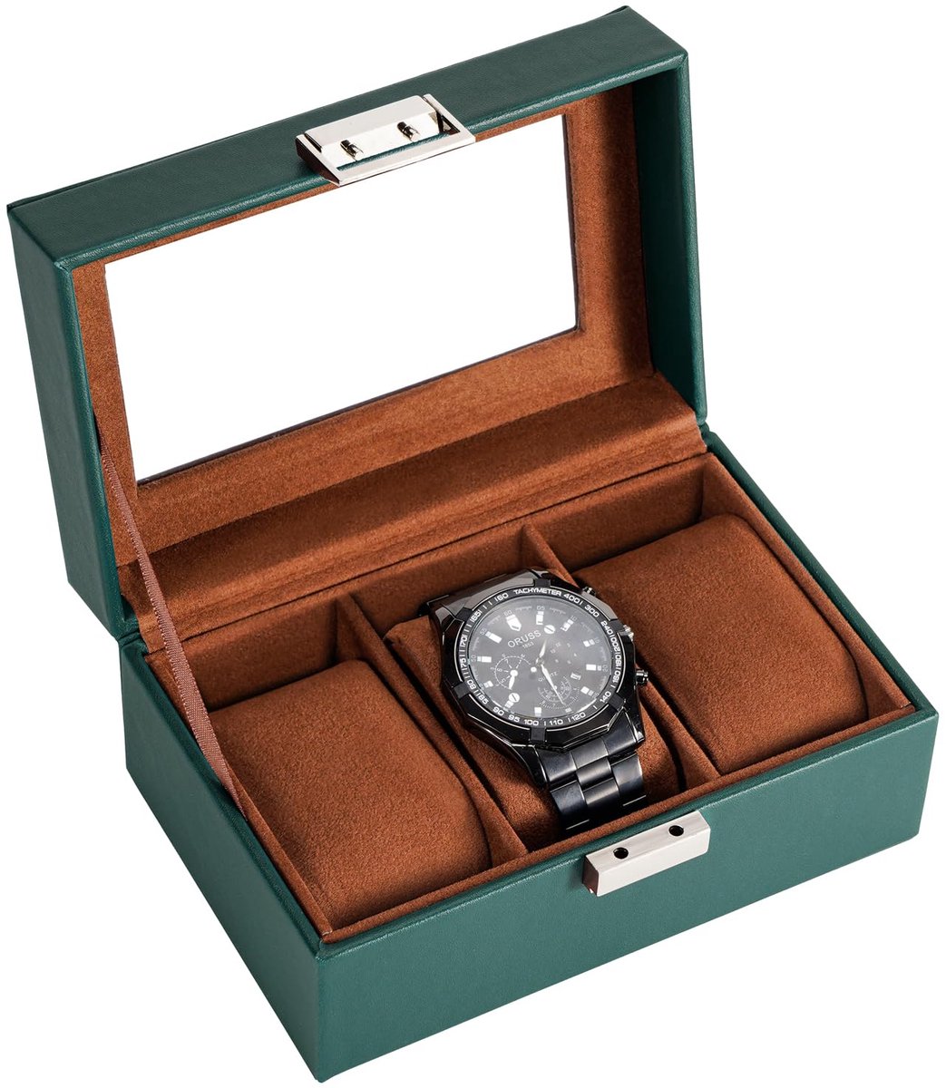 ProCase Horlogebox met 3 compartimenten, Horlogekast met glazen deksel, Horlogekast met horlogekussen, Horloge opbergruimte, Premium Horlogebox, PU leren horlogekast, Horlogebox voor heren - 3 compartimenten, Groen