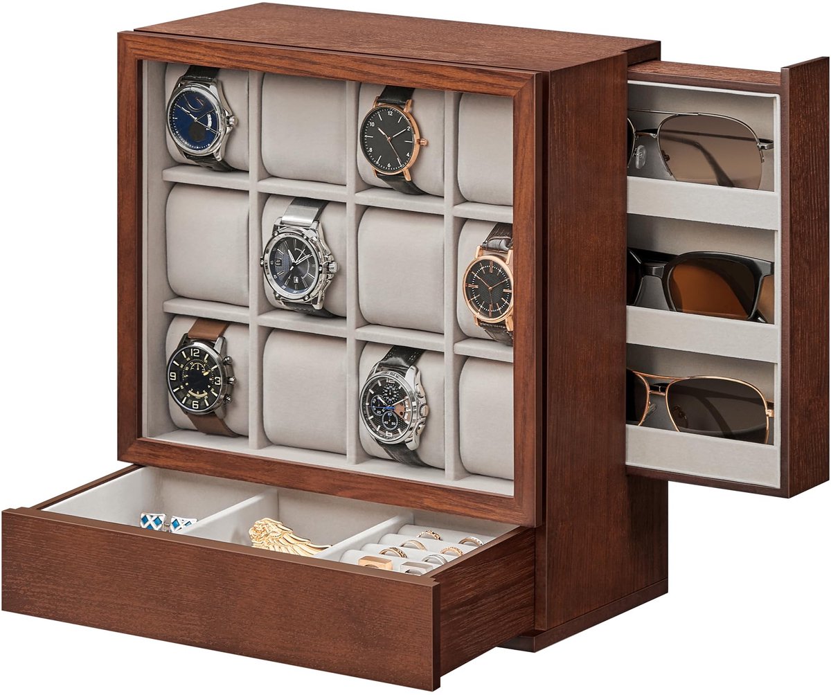 SONGMICS Horlogebox 12 compartimenten, horlogekast met venster, horlogedisplay, massief houten fineer, fluwelen voering, verticale opbergruimte, ruimtebesparend, cadeau-idee, koffiebruin JOW014K01