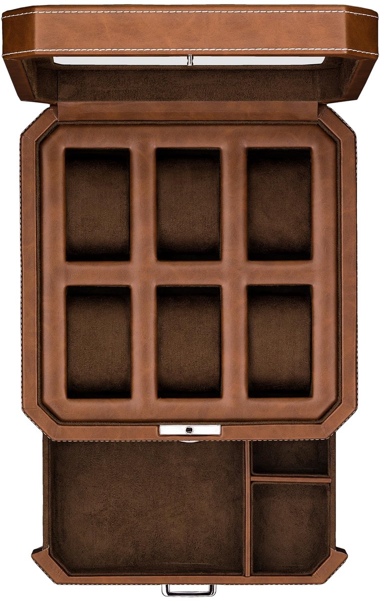 ROTHWELL 6-vaks leren horlogebox met opbergruimte voor heren - luxe horlogekast, display organizer, micro-suède voering, afsluitbare heren sieraden horlogehouder, bruin-bruin