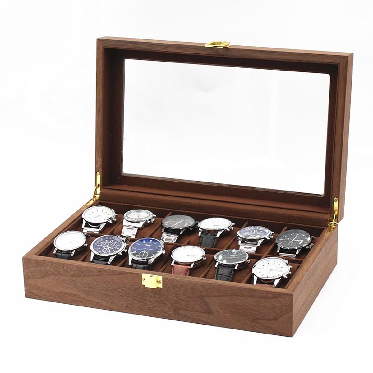MR Maestro Relojero Master Watchmaker - Luxe displaykast voor 12 horloges | Walnotenhout | Bewaar en bescherm uw horloges, microvezel interieur, crème, hout
