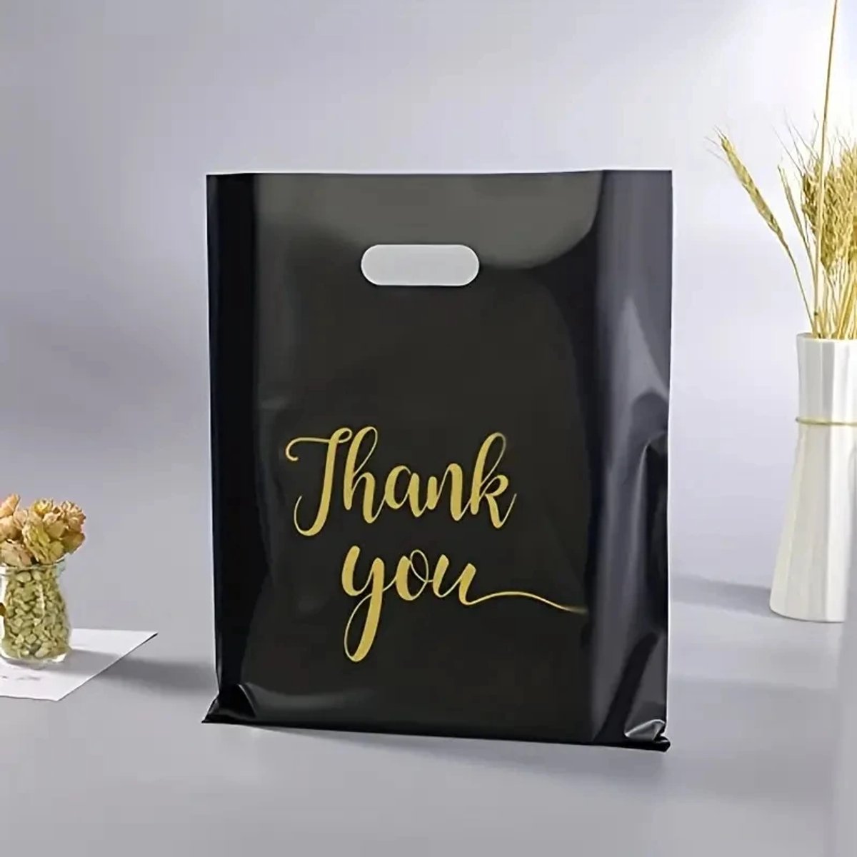 100 Pieces Thank You Plastic Bags 12 x 15 Inch Shopping Bags with Cut-Out Handles Retail Gift Bags Party Bags for Clothes Shopping Gifts Packaging White