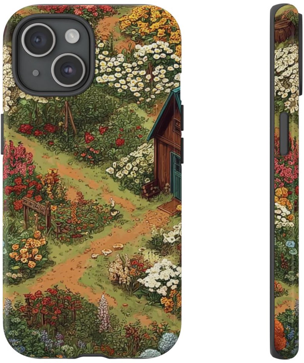 Kleurrijke Bloementuin met Huisje – Telefoonhoesje Geschikt voor iPhone 15