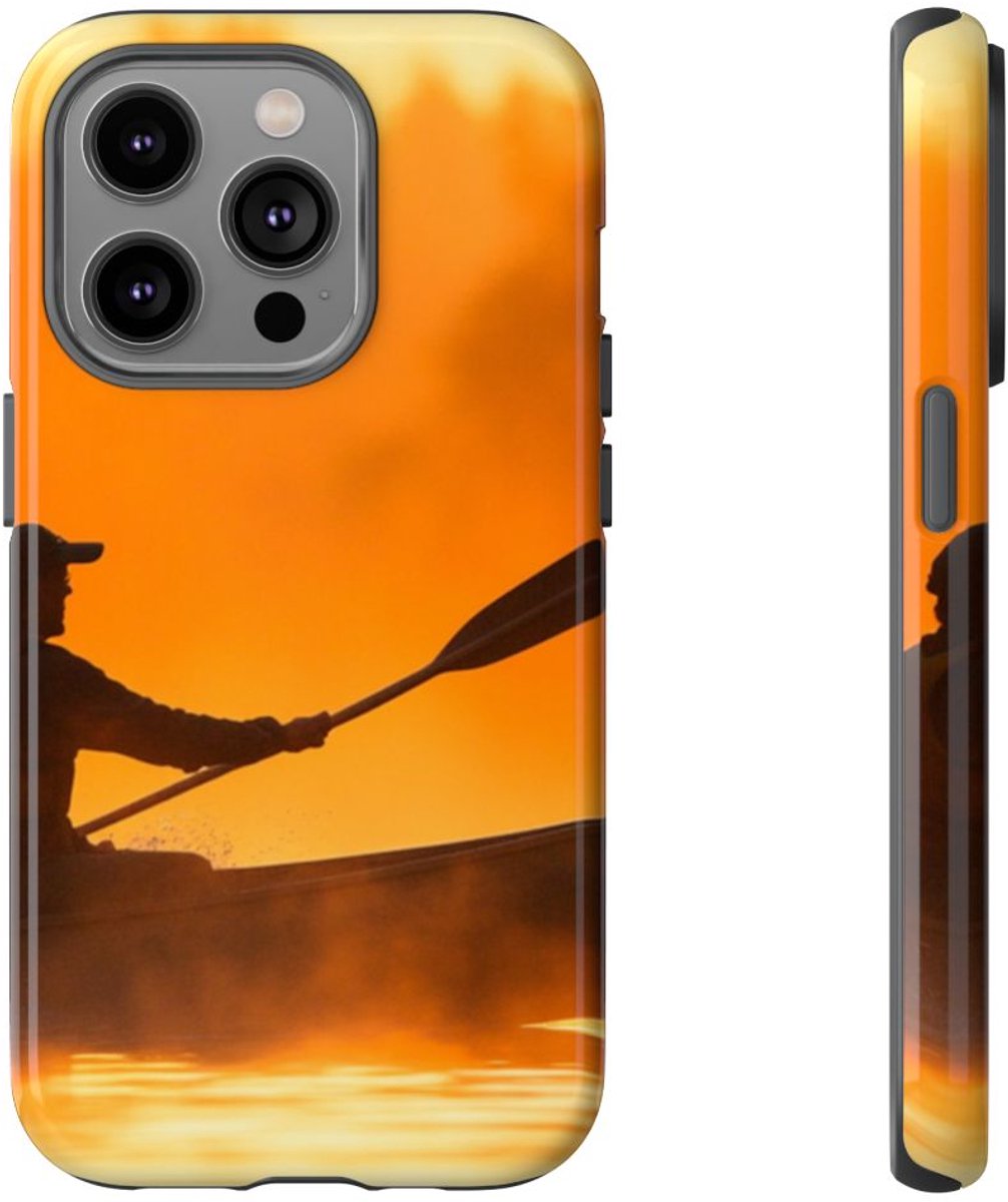 Silhouet van Kanoër bij Zonsondergang – Telefoonhoesje Geschikt voor iPhone 14 Pro