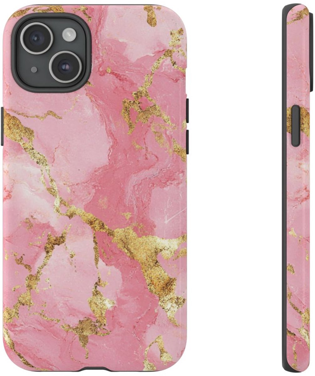 Roze en Gouden Marmerstructuur – Telefoonhoesje Geschikt voor iPhone 15 Plus