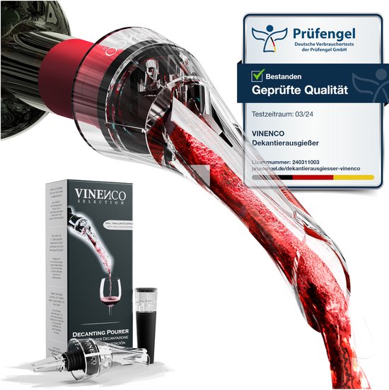 Du vin versé à travers un décanteur transparent VINENCO. Sceau de qualité 'Geprüfte Qualität'.