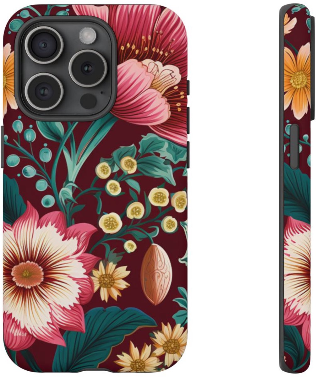 Botanisch Bloemenpatroon in Amber en Teal – Telefoonhoesje Geschikt voor iPhone 15 Pro