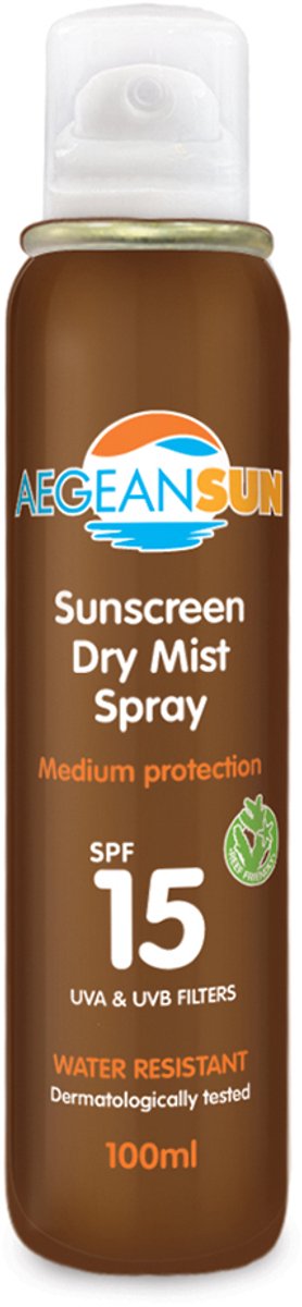 Aegean Sun Sunscreen Dry Mist Spray SPF15 – Water- en Zweetbestendige Zonnespray met Carrot Oil & Vitamine E voor Actieve Bescherming met Verkoelend Effect