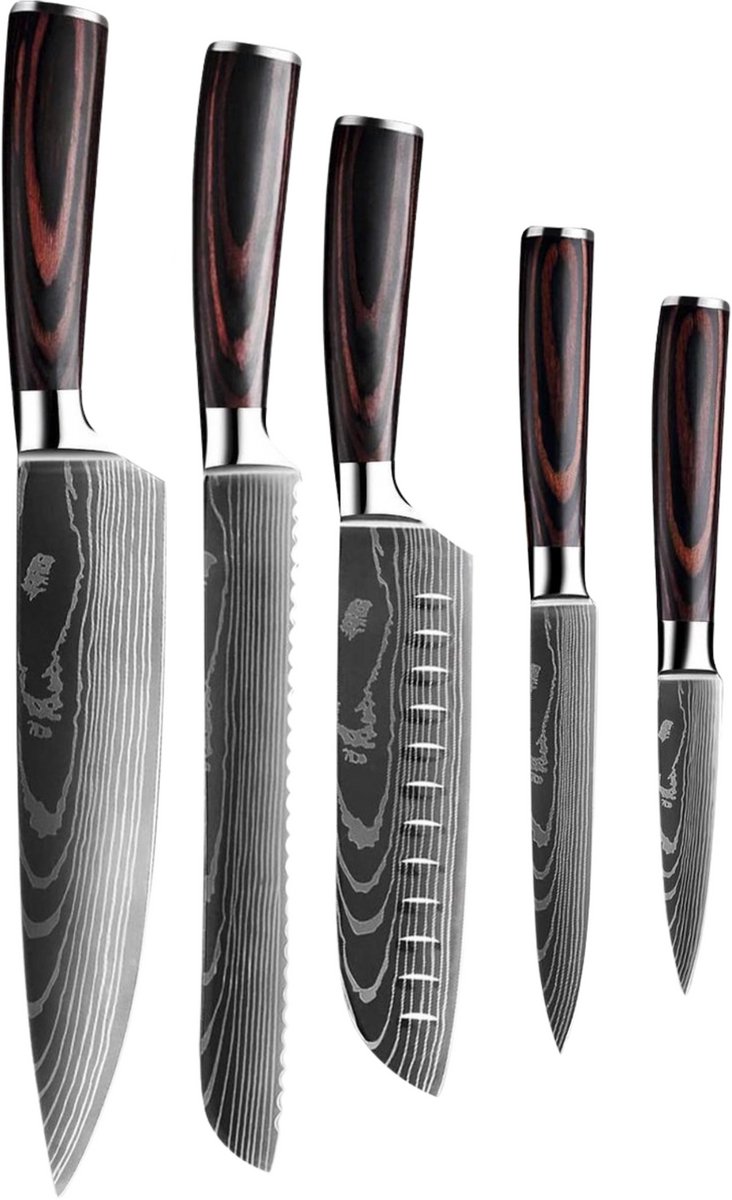 Dastium Home - 5 Delige Damascus Messenset - Damascus Stijl Japanse Keukenmessen - Messen Met Damascus Print - Met Ergonomisch Pakkahouten Handvat - Koksmes - Santoku Mes - Broodmes - Universeel Mes- Schilmes
