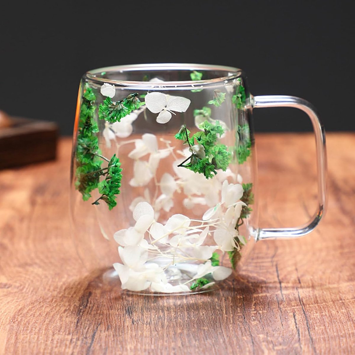Dubbelwandige Glazen Beker met Gedroogde Bloemen - Hittebestendig - 1 stuk - Borosilicaatglas