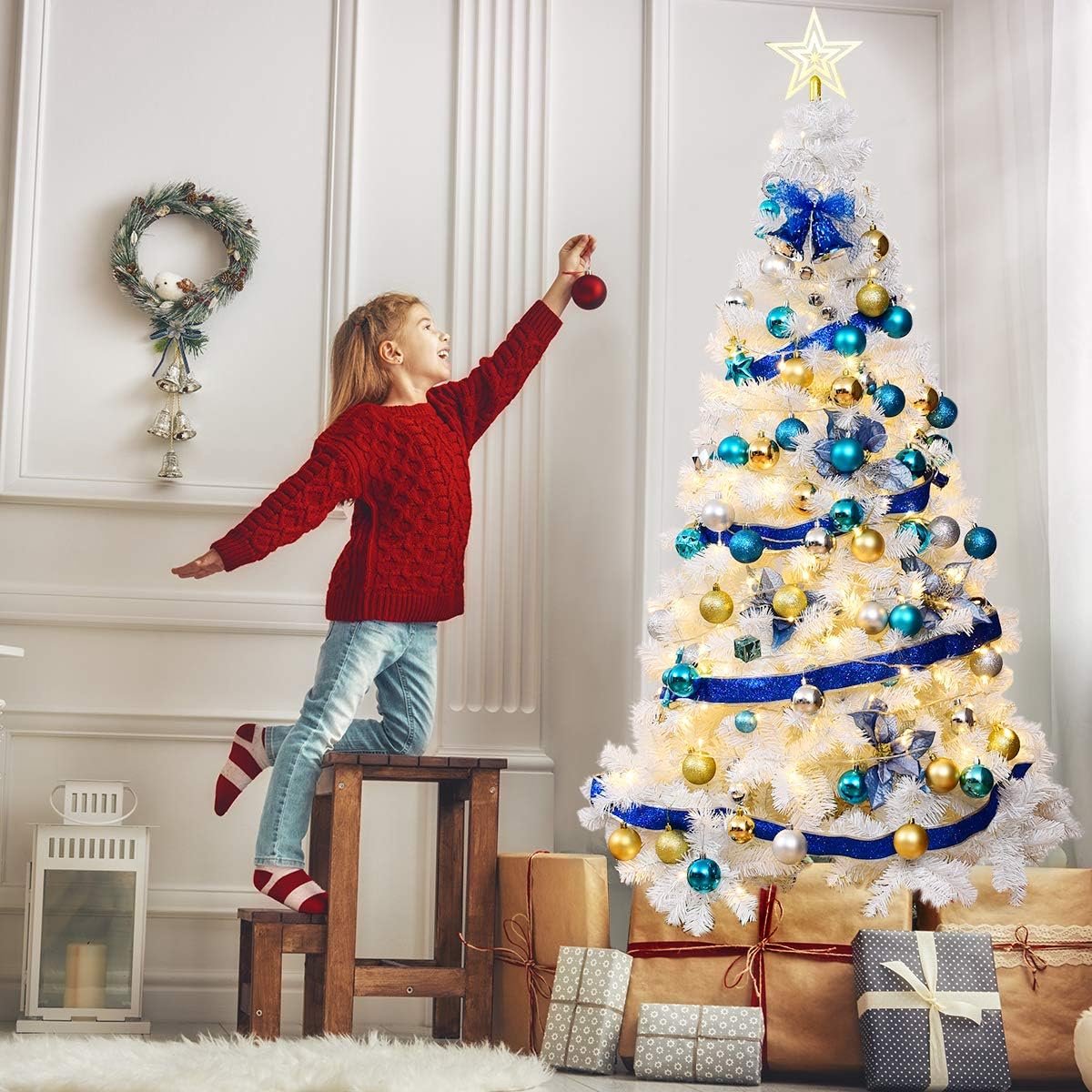COSTWAY Kunstkerstboom 180 cm - Realistische Kunststof Kerstboom met sneeuw - met metalen standaard - pvc 650 takken - Wit – foto 8