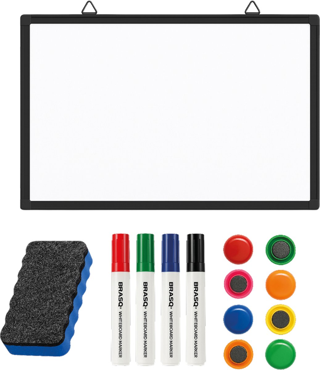 BRASQ Whiteboard 60×45 cm magnetisch – met accessoires set (markers, wisser, magneten) - Schoolbord - Magneetbord – zwart