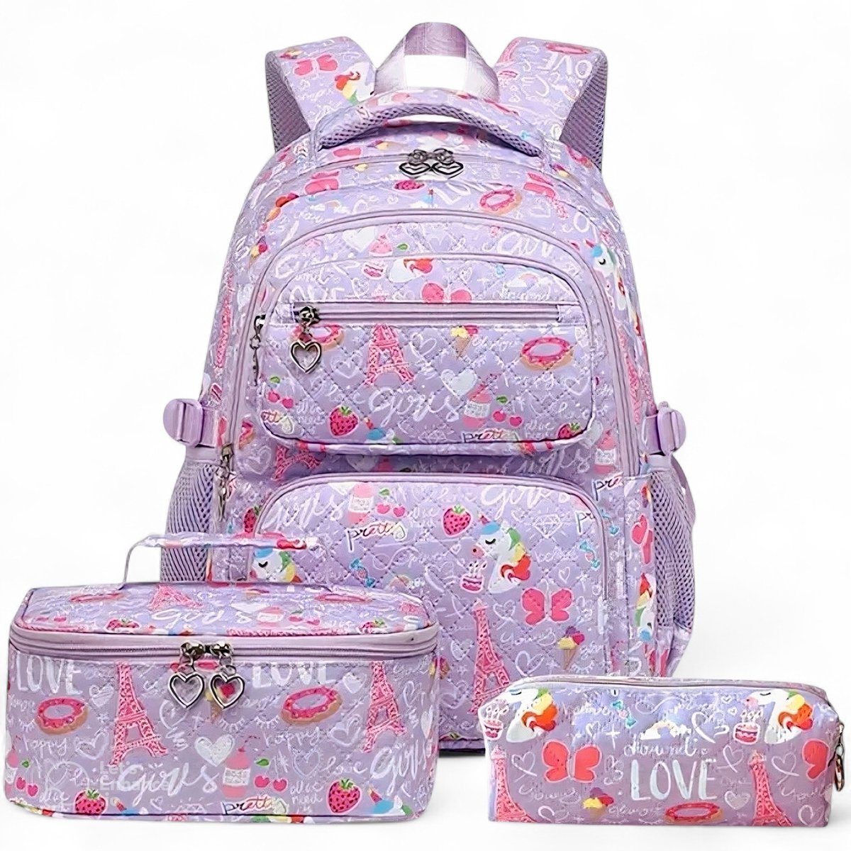 Ultiluxe® Rugzak, lunchtas, etui - Paars/roze - Eenhoorn, Eiffeltoren, aardbeitjes - 40 x 30 x 20 cm - Schoolrugzak voor meiden - School set 3-delig - Rugtas voor kinderen - Schooltas met hartjes sluiting voor meisjes