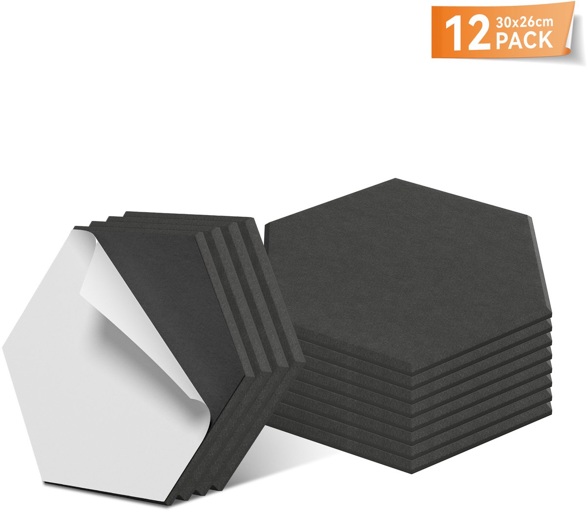 Aufun Hexagonale Akoestische Panelen, Zelfklevende Wandbekleding (Zwart, 12 Strips)