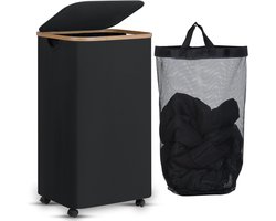 Wasmand op Wielen – 110 Liter – Opvouwbaar – Wasmand Stof - Laundry Basket - Met Deksel & Handvaten - Bamboe - Incl. Waszak - Zwart