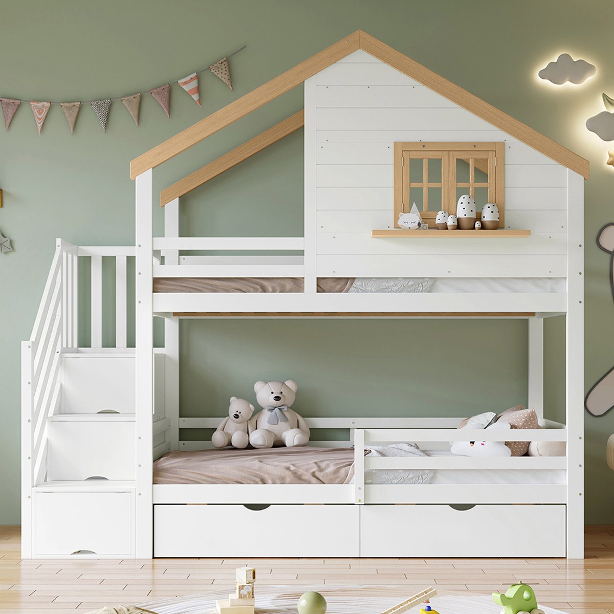 Pugsdrly Stapelbed, houten bed, grenen + MDF, opbergtrap, verfijnd ontwerp in de vorm van 