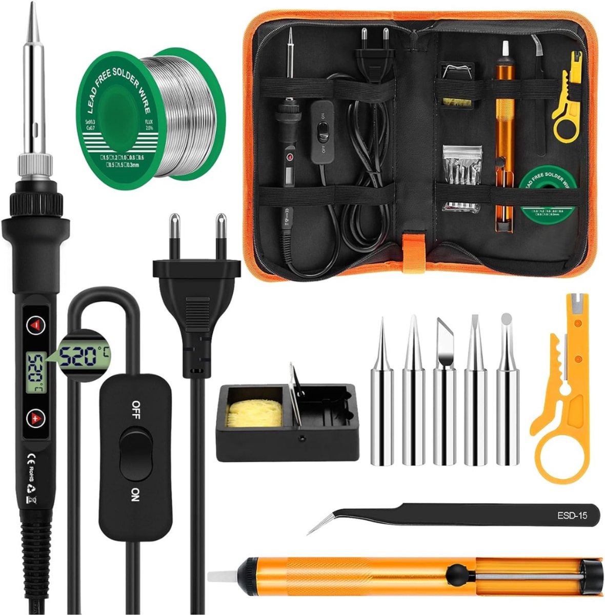 ZRSS® Soldeerbout set - Instelbare temperatuur - Houtbrander rework station - LCD Display - 5 Soldeerpunten - 180-520 °C - 80 W