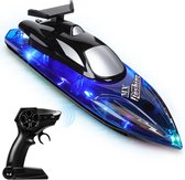 RC Boot met Afstandsbediening voor Kinderen en Volwassenen – 2.4GHz Besturing – LED Verlichting – Hoge Snelheid – Inclusief 2 Oplaadbare Batterijen – Laag Batterijniveau Alarm – Geschikt voor Zwembaden en Meren – Cool Waterspeelgoed voor Buiten